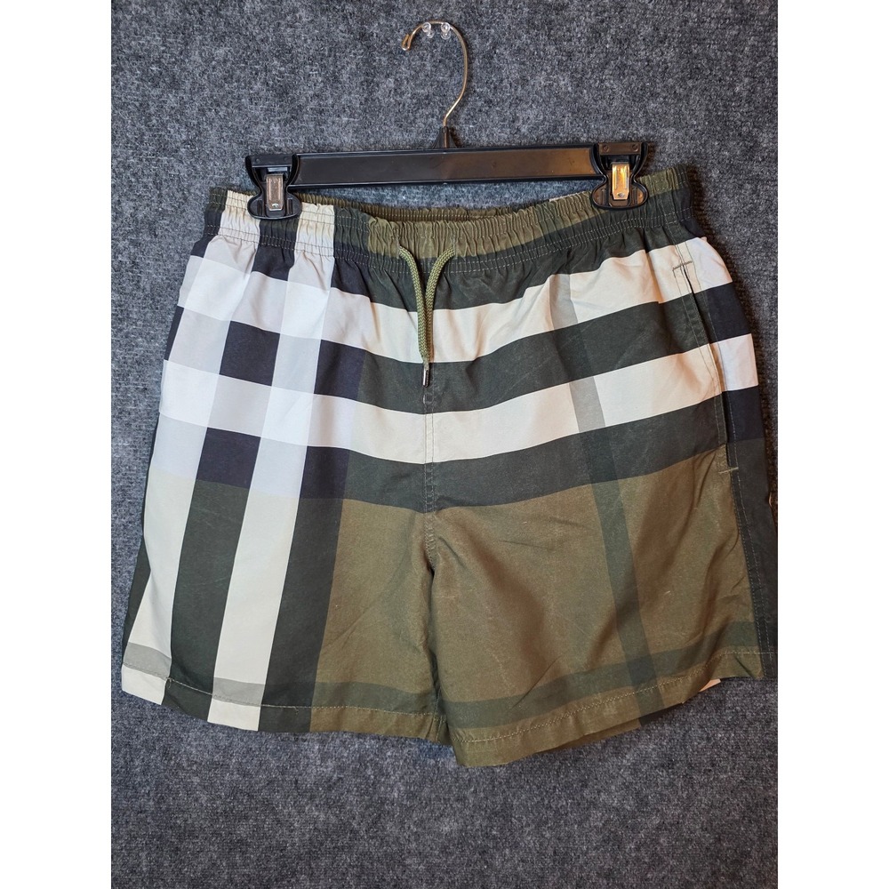 Burberry London Men’s Check Swim Trunks Board Shorts Olive Brown Cream Size L